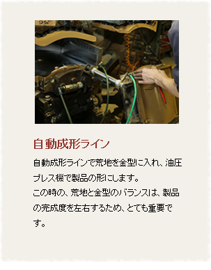 切断機で板状の粘土を製品1枚分の大きさにカットします（荒地）。製品によって、カッターで切るものとピアノ線を使って切るものがあります。